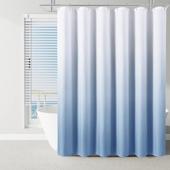 Shower Curtain 72 inches Long 6FT for Bathroom 1 Panel Blue Grey | Ombre Waffle, Shower Curtains with Hook, Water Repellent, Boho Farmhouse, Simple Modern Bath Decor, 72x72