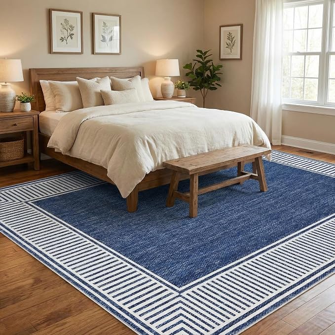 Garvee Modern Bordered Neutral Rugs for Living Room 8x10 Washable Rug Blue | Large Non Slip Low Pile Soft Carpet Foldable Non-Shedding Woven Printed Floor Cover for Bedroom Playroom Nursery Office Dorm