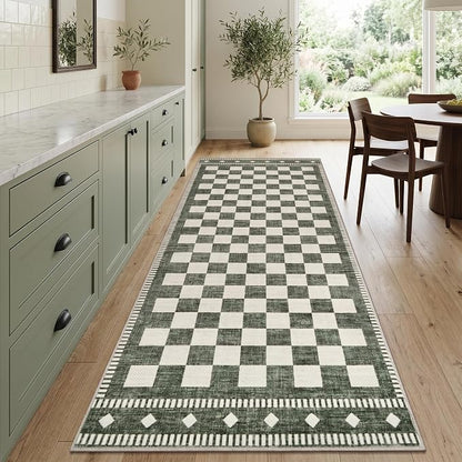 Garvee Washable 2x6 Runner Rug Checkered Sage Green Non Slip Kitchen Rugs | Low Pile Entryway Rug Soft Bathroom Rugs Stain Resistant Carpet for Bedroom Hallway Laundry 2'x6' Sage Green