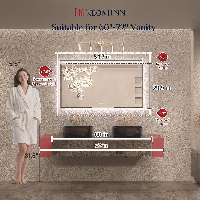 Keonjinn 55" x 30" Backlit Bathroom Mirror with Lights, HD Tempered Glass | Beveled Edge, 3 Colors Lights Warm/Natural/White, Dimmable, Auto-OFF Defogging, Smart, Frameless LED Mirror for Bathroom
