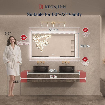 Keonjinn 55" x 30" Backlit Bathroom Mirror with Lights, HD Tempered Glass | Beveled Edge, 3 Colors Lights Warm/Natural/White, Dimmable, Auto-OFF Defogging, Smart, Frameless LED Mirror for Bathroom