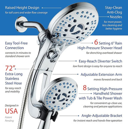 AquaCare 50-mode High Pressure Shower Head Combo with Arm & Dual Power Wash | Hygienic Jets, 2-mode Handheld Power Wash for Tub, Tile & Pets, Long 6 ft. Stainless Steel Hose, Extra Wall Bracket / Chrome