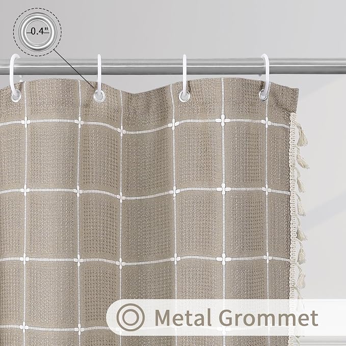 Taupe Boho Farmhouse Shower Curtain for Bathroom 72x72 | 320 GSM French Country Plaid Tassel Shower Curtain, Rustic Aesthetic Bathroom Decor Windows Curtain