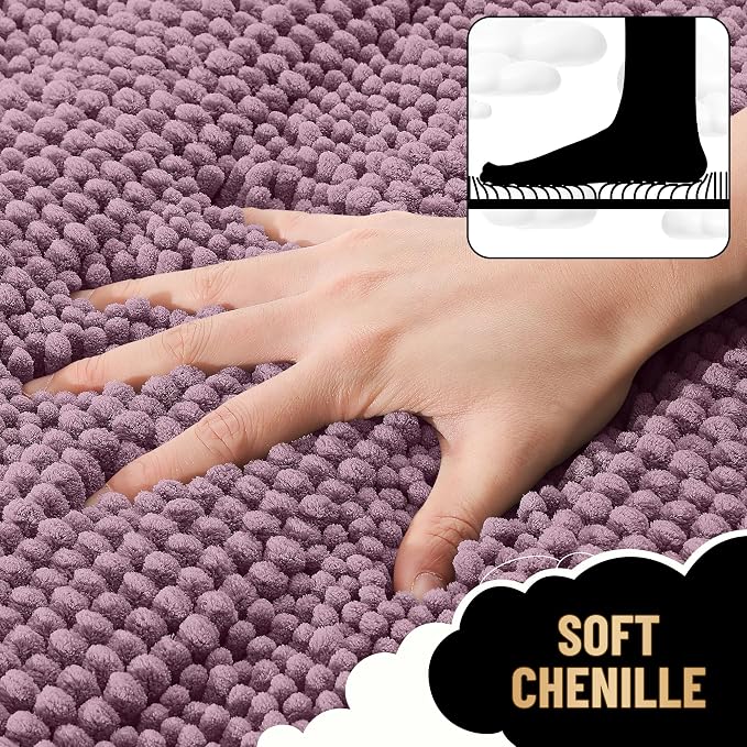 OLANLY Thick Bathroom Rugs 30x20, Chenille Striped Bath Rugs, Deep Plum | Rubber Backing, Machine Wash, Extra Soft Absorbent Bath Mats for Bathroom Floor, Tub and Shower, Home Decor Accessories