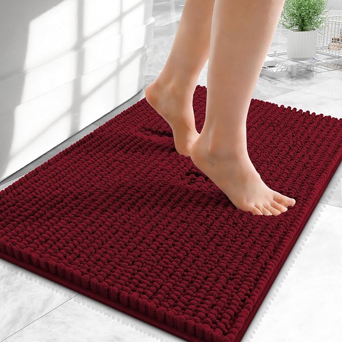 OLANLY Thick Chenille Small Bathroom Rugs Mats 24x16, Burgundy | Soft Absorbent Bath Rugs, Rubber Backing, Machine Wash Dry, Bath Mats for Bathroom, Tub and Shower, Home Decor Accessories