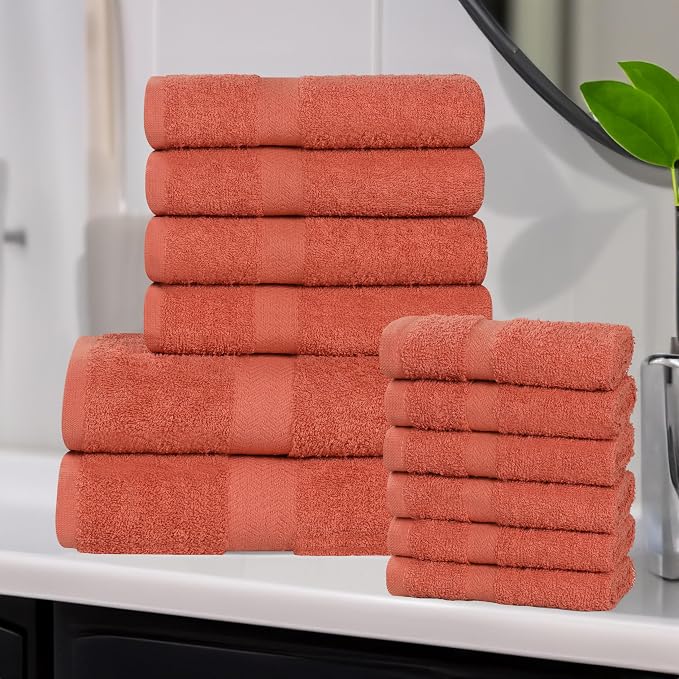 Superior 12-Piece Cotton Assorted Towel Set, Includes 6 Face Towel, 4 Hand, and 2 Bath Towels, Home, Bathroom, Guest Bath Essentials, Quick Dry, Absorbent, Franklin Collection - Coral