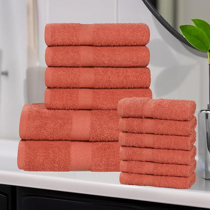 Superior 12-Piece Cotton Assorted Towel Set, Includes 6 Face Towel, 4 Hand, and 2 Bath Towels, Home, Bathroom, Guest Bath Essentials, Quick Dry, Absorbent, Franklin Collection - Coral