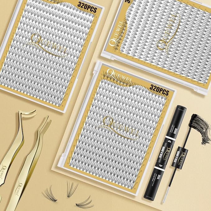 QUEWEL Lash Clusters 320Pcs 10D C Curl Lash Cluster Eyelash Extensions | Cluster Lashes Mix12-18mm Individual Eyelashes Clusters Wispy Lash Clusters Thin Band Soft to Use at Home(10D C Mix12-18)