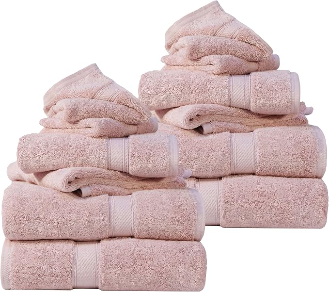 SUPERIOR Egyptian Cotton Ultra Plush & Absorbent, 12 Piece Set, Tea Rose | Heavyweight 12 Pc Egyptian Cotton Towel Set Includes 4 Bath Towels 4 Hand Towels 4 Washcloths Decorative Rope Border