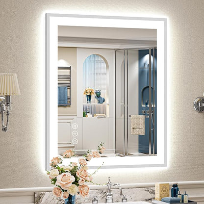 28x36 Inch Brushed Nickel LED Bathroom Mirror, Backlit & Front Lit | Silver Framed Anti-Fog Lighted Vanity Mirror with Lights, 3 Color Dimmable, Memory, HD Tempered Glass, CRI95, IP54, UL Listed