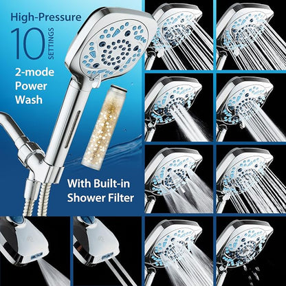 AquaCare High Pressure 10 Spray Mode Filtered Showerhead - Handheld Shower Head Filters Chlorine to Heal Dry Skin, Revive Hair - Dual Power Wash Cleans Tub, Tile, Pets - Hard Water Softener, Chrome