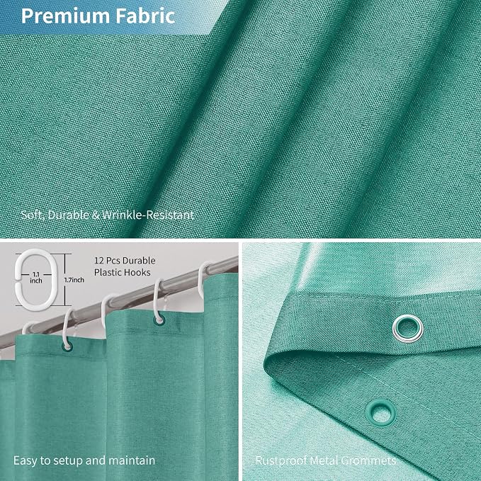 Waterproof Fabric Shower Curtain,No Liner Needed,72x72,Teal | 2-in-1 Design,Linen Textured,100% Waterproof TPU-Laminated Backing,Magnetic Weighted,Machine Washable,For Bathroom,Hotel