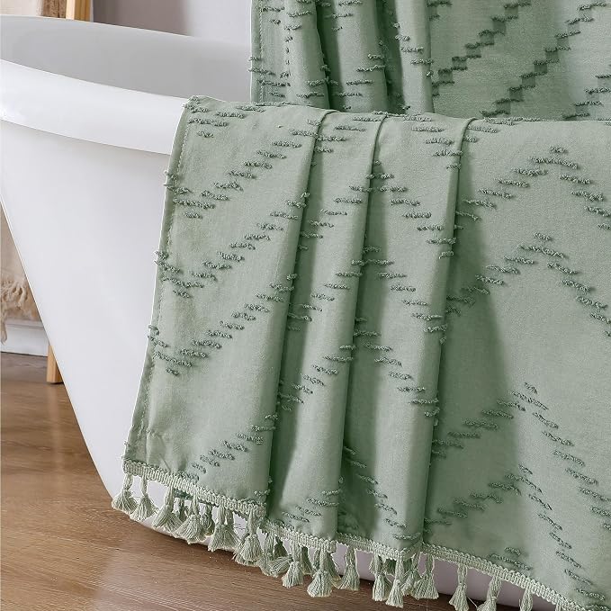 Small Boho Stall Shower Curtain, Sage Green Fabric Cloth Stall Shower Curtain 36 x 72 Half Size with Tassel Tufted Chevron Striped Textured Modern Farmhouse for Bathroom, Machine Washable