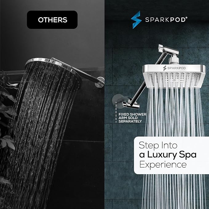 SparkPod 6" Square Rain Shower Head with 11" Shower Arm | Shower Head & Extension Arm Combo, Height Adjustable, High Pressure Performance, Easy 1-Minute Installation, Polished Chrome