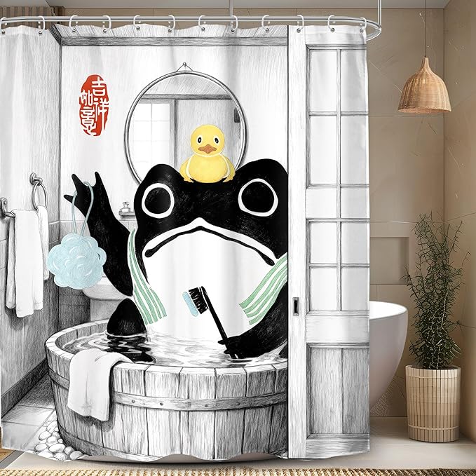 LGhtyro Funny Frog Shower Curtain Bathroom Set 60Wx71H Inches Traditional Asian Style Japanese Art Rubber Duck Wooden Cute Animal Bath Accessories Retro Black Art Home Decor Fabric 12 Pack Hooks