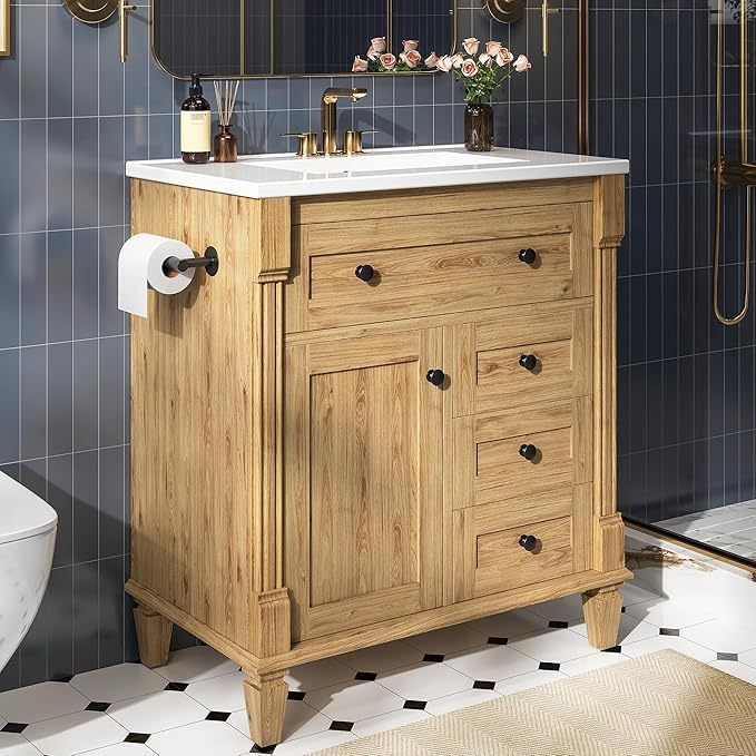 LIKIMIO 30 Inch Bathroom Vanity with Sink, Towel Holder & Adjustable Solid Wood Legs for Uneven Floor, Modern Bathroom Storage Cabinet with Tip-Out Drawer, 2 Drawers & Adjustable Shelf, Nature