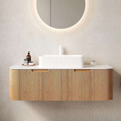 Yayzy 48" Floating Bathroom Vanity with Sink, Solid Wood Fluted Cabinet, White Fluted Square Ceramic Basin & Faux Marble Top, Soft-Close Drawer, Pre-Assembled, Natural Woodgrain
