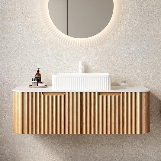 Yayzy 48" Floating Bathroom Vanity with Sink, Solid Wood Fluted Cabinet, White Fluted Square Ceramic Basin & Faux Marble Top, Soft-Close Drawer, Pre-Assembled, Natural Woodgrain