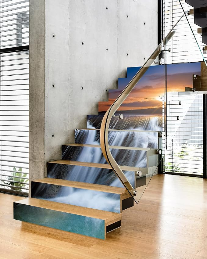 FLFK Stair Decals - Stair Stickers Decals Peel and Stick,Waterfall Stair Risers Decals Self-Adhesive for Home Decor, 39.3" W x 7.08" H x 13Pcs