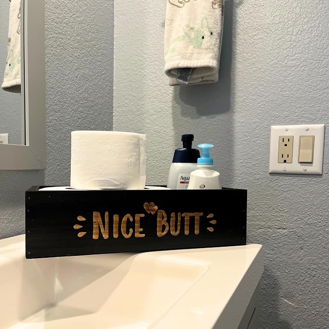 Admired by Nature Hello Sweet Cheeks Solid Wood Toilet Paper Holder, Farmhouse Décor, Toilet Paper Storage, Bathroom Accessories, Bathroom Décor, for Home Décor Bathroom Organizer (Black)