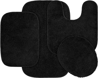 Garland Rug Traditional Nylon Washable Black 4 Piece Set - Lid, Contour, 2 Bath Rugs - Soft, Absorbent, and Stylish for Your Bathroom