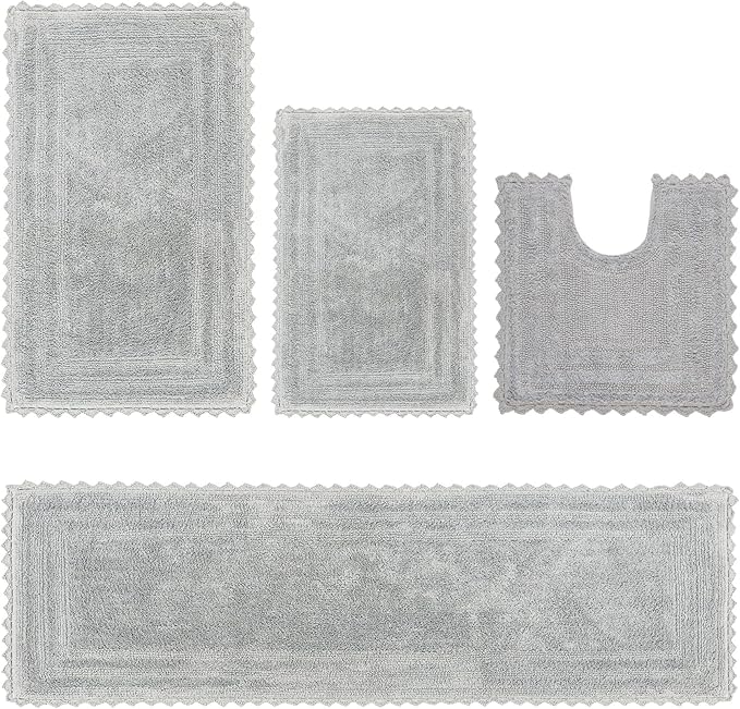 Better Trends 4 Piece Lilly Crochet Large Bath Mat Set 100% Cotton Soft Luxury Runner Bathroom Rug Reversible Absorbent Washable for Bathroom Floor Decor, Shower, Gray