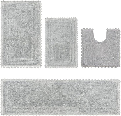 Better Trends 4 Piece Lilly Crochet Large Bath Mat Set 100% Cotton Soft Luxury Runner Bathroom Rug Reversible Absorbent Washable for Bathroom Floor Decor, Shower, Gray