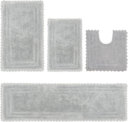 Better Trends 4 Piece Lilly Crochet Large Bath Mat Set 100% Cotton Soft Luxury Runner Bathroom Rug Reversible Absorbent Washable for Bathroom Floor Decor, Shower, Gray