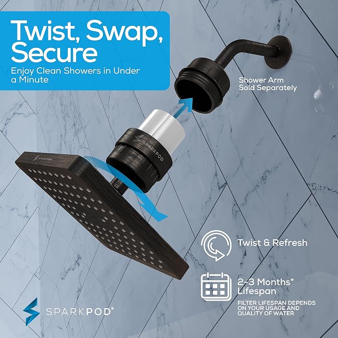 SparkPod Filtered Shower Head, 23-Stage, 8" Square, Oil-Rubbed Bronze | Showerhead for Hard Water, High Pressure, Reduces Chlorine, Heavy Metals, For Dry Skin & Hair, Removable Capsule Filter