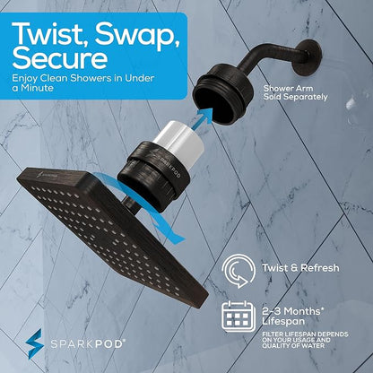 SparkPod Filtered Shower Head, 23-Stage, 8" Square, Oil-Rubbed Bronze | Showerhead for Hard Water, High Pressure, Reduces Chlorine, Heavy Metals, For Dry Skin & Hair, Removable Capsule Filter