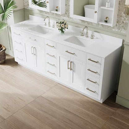 84-Inch Bathroom Vanity with Double Sinks W/ 4 Doors & 12 Drawers & 2 Flip Drawers, White Vanity W/Brushed Nickel Handles