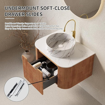Yayzy 30" Floating Bathroom Vanity with Sink, Solid Wood Fluted Cabinet, White Marble-Patterned Ceramic Basin & Faux Marble Top, Soft-Close Drawer, Pre-Assembled, Natural Woodgrain