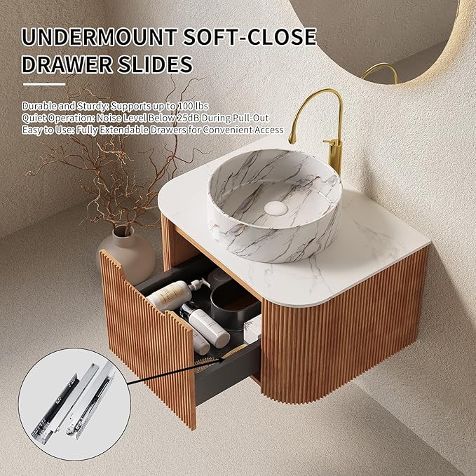 Yayzy 60" Floating Bathroom Vanity with Sink, Solid Wood Fluted Cabinet, White Marble-Patterned Ceramic Basin & Faux Marble Top, Soft-Close Drawer, Pre-Assembled, Natural Woodgrain