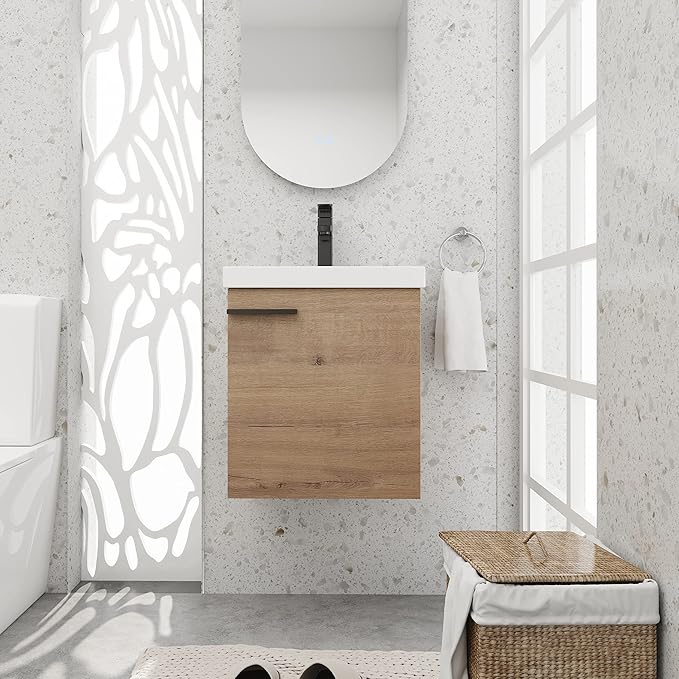 18 Inch Bathroom Vanity with Sink,Wall Mounted Bathroom Vanity Sink Combo with 1 Soft Close Door for Small Space,Modern Floating Bathroom Vanities with Top Basin&Brown Storage Cabinet