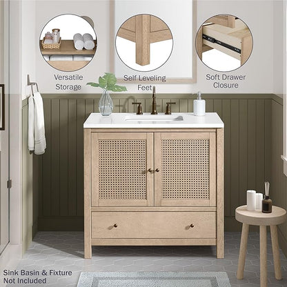 Alaterre Furniture Lucca Bathroom Vanity - Freestanding Cabinet Without Sink - 36 Inch Wood Bathroom Vanity with Large Drawer and Soft-Close Doors - Under Sink Cabinet Only (Natural)