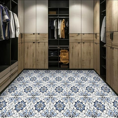 Blue Floral Scrollwork Peel and Stick Floor Tiles 12x12 Inch 10PCS | Blue and white floral scrollwork pattern vinyl floor stickers for kitchen bathroom entryway and indoor home decor