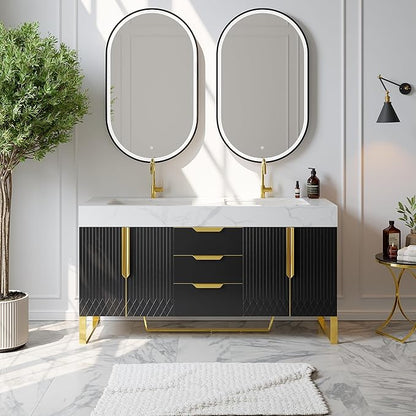 Bathroom Vanity with Sink, Modern Bathroom Vanity with Faux Marble Top, Gold Hardware & Soft-Close Drawers for Bathroom Storage (59.1 Inch, Black, Double Sink & Freestanding)