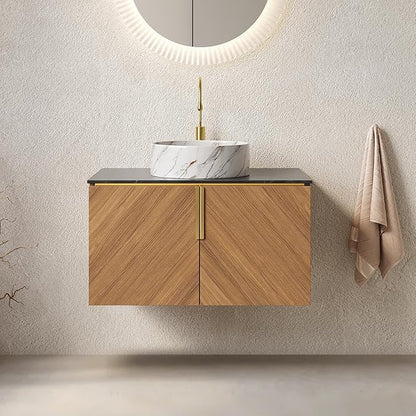 LKTART 30 Inch Bathroom Vanity with Sink, Modern Wall Mounted Bathroom Storage Cabinet with 2 Doors, Black Sintered Stone Countertop and White Round Ceramic Basin, Brown