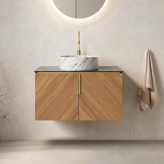 LKTART 30 Inch Bathroom Vanity with Sink, Modern Wall Mounted Bathroom Storage Cabinet with 2 Doors, Black Sintered Stone Countertop and White Round Ceramic Basin, Brown