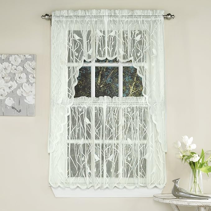 Sweet Home Collection 5 Pc Kitchen Curtain Set, Swag, Valance, Choice of 24 Songbird Cream, 36" Tier Pair
