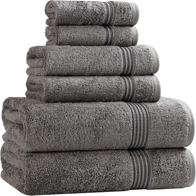 Superior Egyptian Cotton 6-Piece Towel Set, Assorted Towels for Home Bathroom, Master, Guest Bath, Decor Essentials, Includes 2 Bath, 2 Hand, 2 Face Towels/Washcloths, Quick Dry, Absorbent, Charcoal