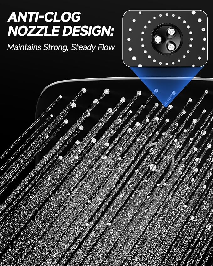 Veken 11.8" Black Rain Shower Head with 11" Stainless Steel Exension Arm | Rectangular Rainfall Showerheads, Height & Angle Decor Adjustable, High Pressure Shower Heads, Bathroom Accessories