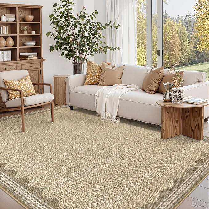 Garvee Modern Bordered Rugs for Living Room 8x10 Large Washable Rug Jute | Non Slip Low Pile Soft Carpet Foldable Non Shedding Stain Resistant Floor Cover for Bedroom Playroom Nursery Office Dorm