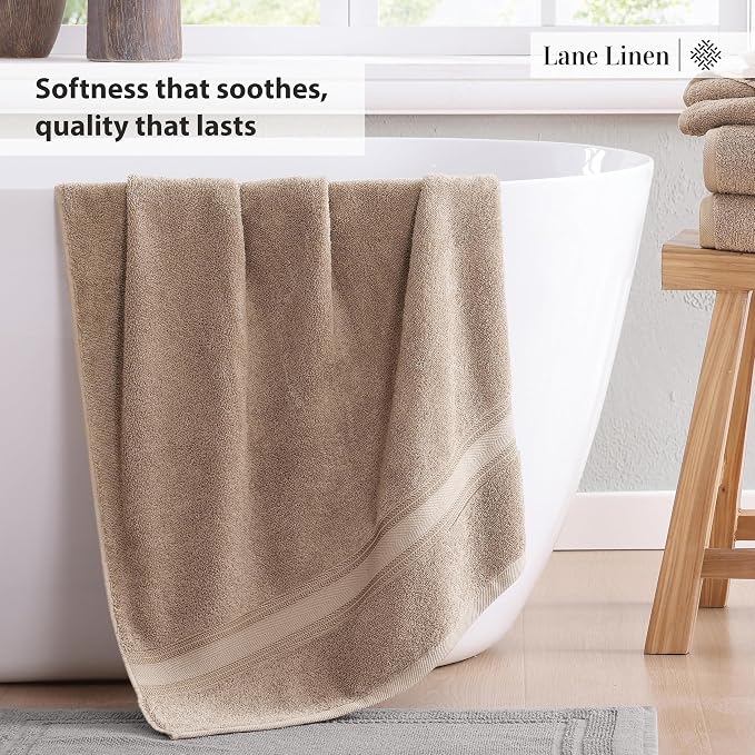 LANE LINEN Large Bath Towel Set Absorbent Quick Dry 100% Cotton - Taupe | Cotton Towels - Fade-Resistant Color, Classic Terry Weave, Densely Woven, Coordinated Colors, Dobby Border Accent