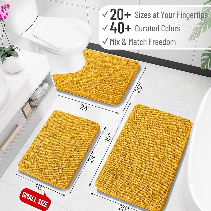 OLANLY Large Bathroom Rugs 59x35, Extra Soft Absorbent Chenille Bath Rugs | Golden Yellow, Quick-Drying Rubber Backing, Washable Bath Mat for Bathroom Floor, Tub and Shower, Home Decor Accessories
