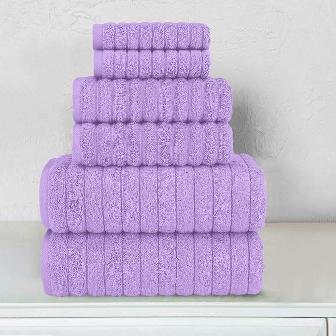 Elegant Comfort 100% Turkish Cotton Corduroy Ribbed Luxury Bath Towels 6-Piece Set, Premium Feel - Quick Dry, Highly Absorbent, Contains 2 Bath Towels, 2 Hand Towels, and 2 Washcloths, Lilac