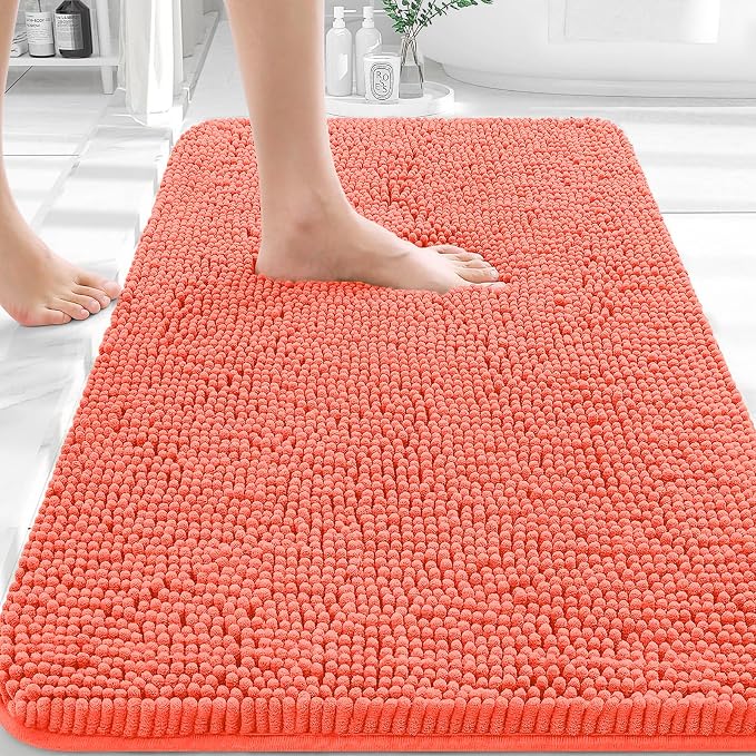 OLANLY Bathroom Rugs 32x20, Extra Soft Absorbent Chenille Bath Rugs | Coral, Quick-Drying Rubber Backing, Machine Washable Bath Mat for Bathroom Floor, Tub and Shower, Home Decor Accessories