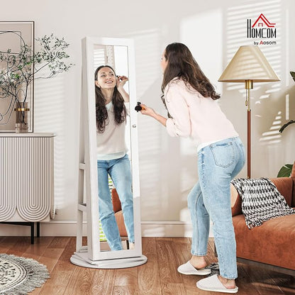 HOMCOM 360° Swivel Jewelry Cabinet Lockable with Full-Length Mirror White | Jewelry Armoire Organizer, Back Storage Shelves, Interior Small Mirror, Bedroom Living Room
