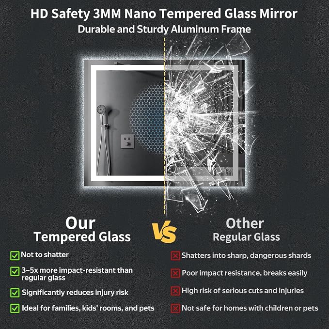 48"x32" LED Bathroom Mirror with Lights, Backlit+Frontlit, Anti-Fog | CRI 95, Stepless Dimmable, 3 Colors Lighting, Shatterproof Tempered Glass, HD Reflection, Memory, (Horizontal/Vertical)