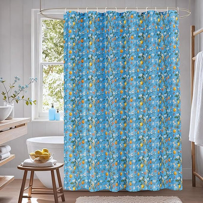 Blue Floral Bird Shower Curtain 72x72, Hummingbird and Lemon Botanical Fabric Bath Curtains, Lightweight Quick-Dry Bathroom Decor Set with Hooks